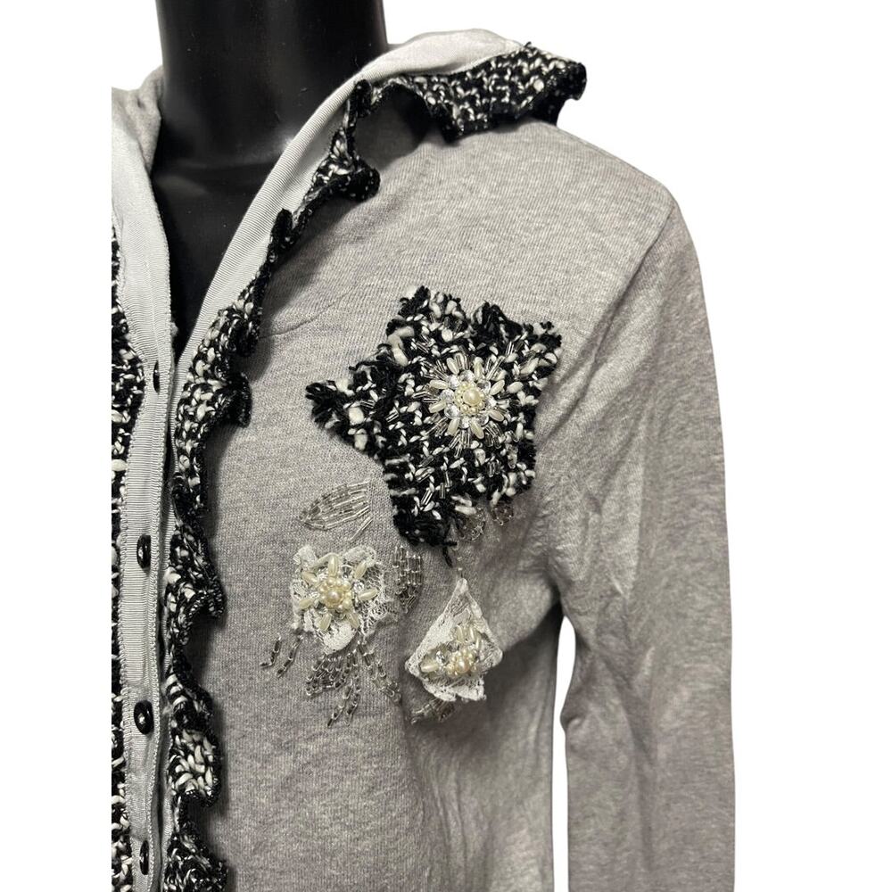 Large Charlotte Womens Gray Cardigan Sweater Hooded Cotton Rosettes - Picture 6 of 12